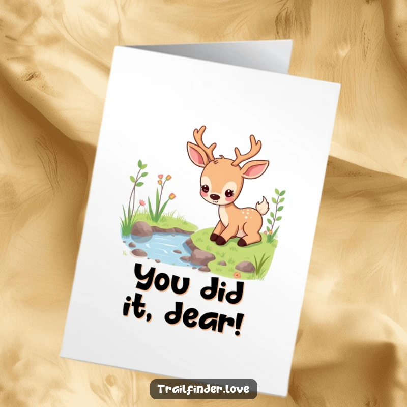 Calm Free Printable Congratulations Card: A content deer peacefully grazing near a stream, symbolizing gentle success and peaceful new beginnings.