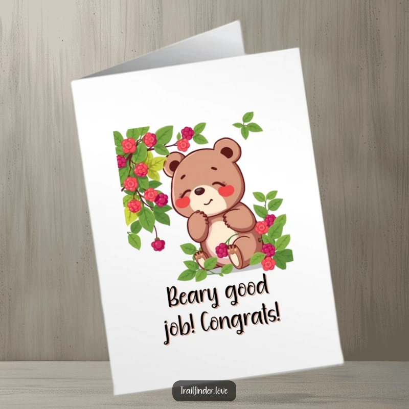 Funny Free Printable Congrats Card: A happy bear character joyfully sniffing a wild berry bush, symbolizing a fruitful and sweet achievement.