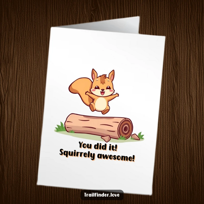 Funny Free Printable Congrats Card: An exuberant squirrel character captured mid-leap across a log, signifying a triumphant and joyful moment.