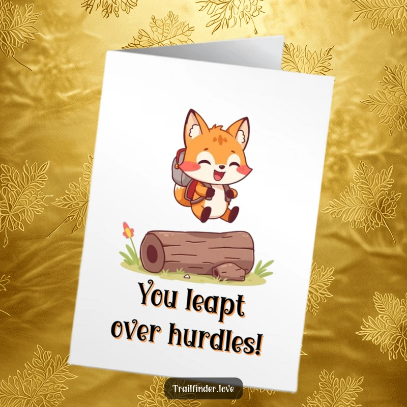 Funny Free Printable Congrats Card: Cheerful fox wearing a backpack joyfully leaps over a log, celebrating success.