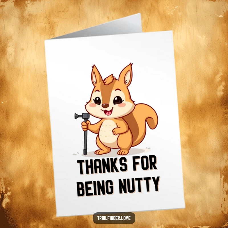 Funny Free Printable Thank You Card: Determined squirrel holding a hiking pole, expressing thanks.