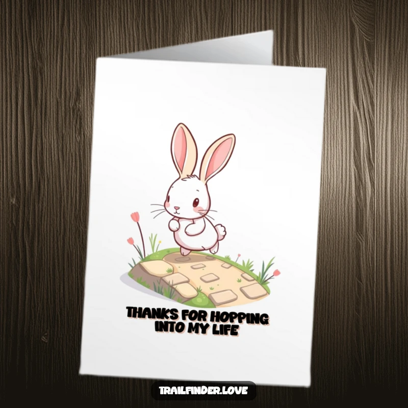 Funny Free Printable Thank You Card: A cheerful rabbit with floppy ears energetically climbs a small winding path. A downloadable token of thanks!