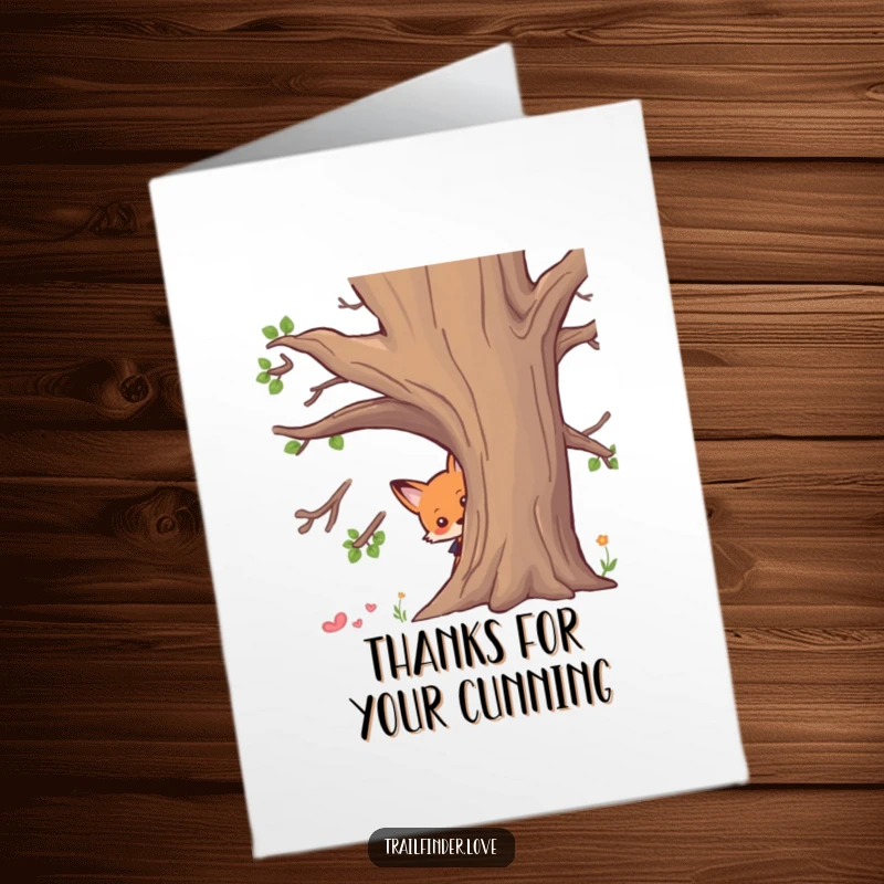Funny Free Printable Thank You Card: A curious fox peeking from behind a tree, offering a playful and memorable thank you.