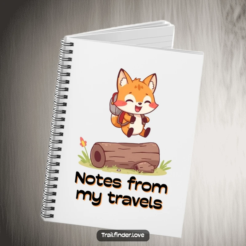 Funny notebook with a cheerful fox wearing a tiny backpack, joyfully leaping over a log, encouraging adventure planning.