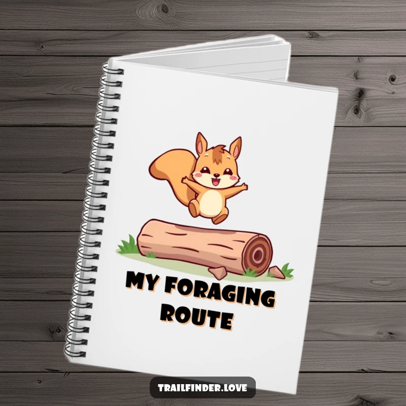 Funny notebook cover with a cheerful squirrel character joyfully leaping over a log, inspiring active thoughts and creative planning.