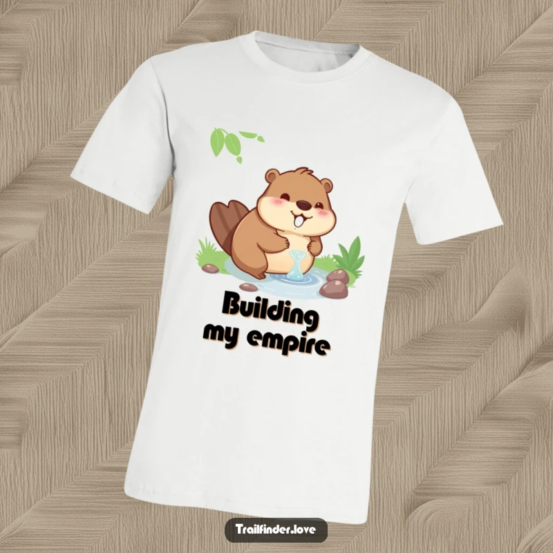 Funny t-shirt with a contented beaver character enjoying a drink from a clear stream, embodying relaxation.