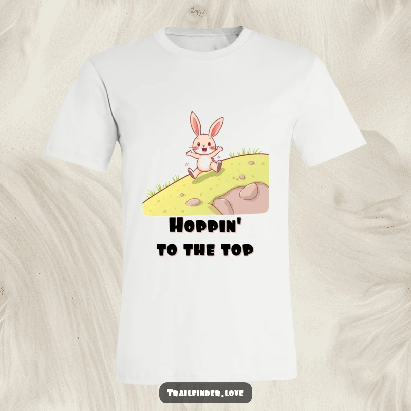 Funny t-shirt with a happy rabbit character joyfully hopping uphill, embodying pure enthusiasm and a positive outlook, great funny gift.