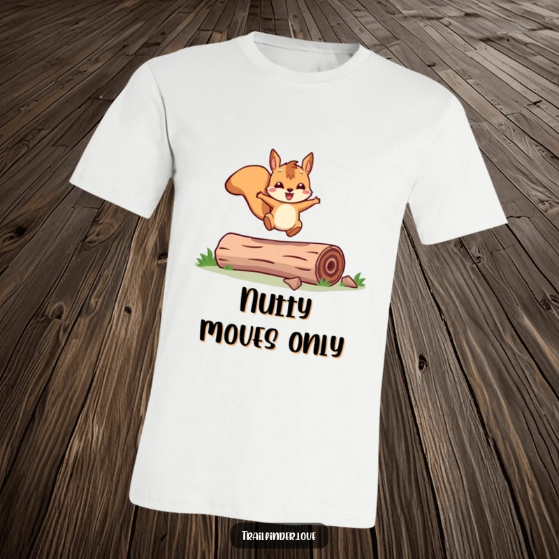 Funny t-shirt depicting a cheerful squirrel character joyfully leaping across a fallen log, showcasing boundless energy and outdoor activity.