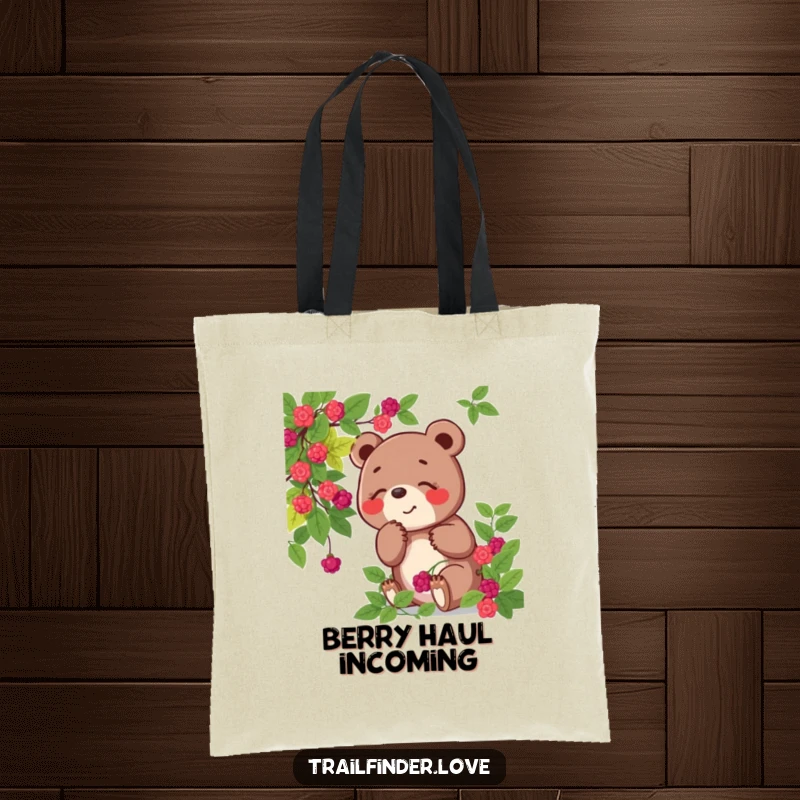 Funny tote bag showcasing a playful bear character joyfully sniffing a wild berry bush, symbolizing a love for nature's treats.