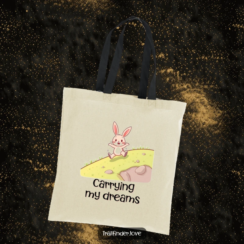 Funny tote bag featuring a happy rabbit enthusiastically hopping uphill, showcasing a cheerful and active personality, ideal funny gift.