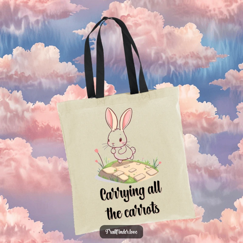 Funny Rabbit Tote Bag illustrating a joyful, big-eared bunny bounding up a winding, miniature path, perfect for a stylish and humorous accessory.