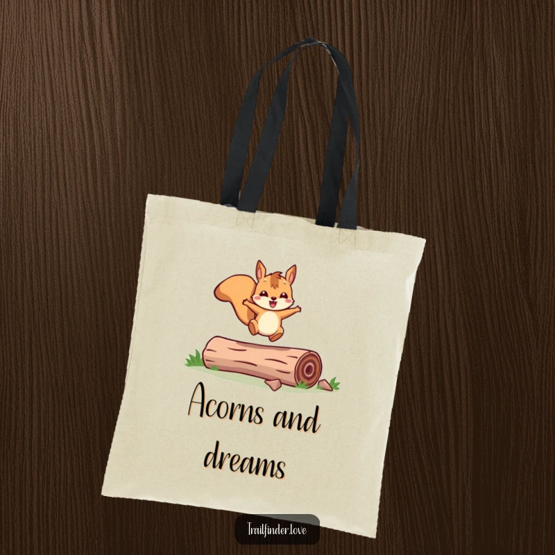 Funny tote bag showcasing a cheerful squirrel character joyfully leaping across a fallen log, symbolizing outdoor fun and adventure.