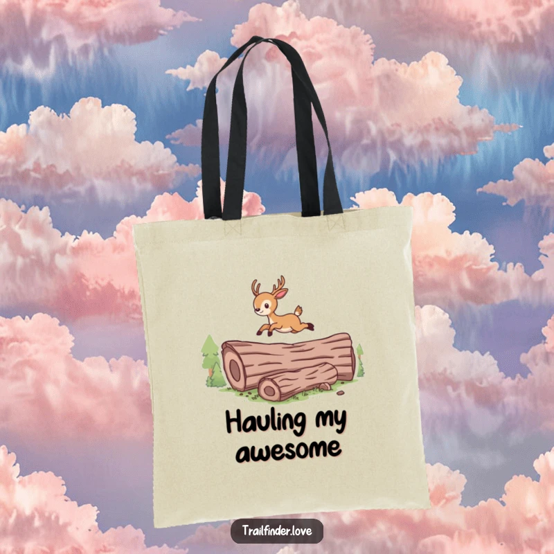 Funny tote bag featuring a joyful cartoon deer mid-leap over a log, perfect for daily adventures.