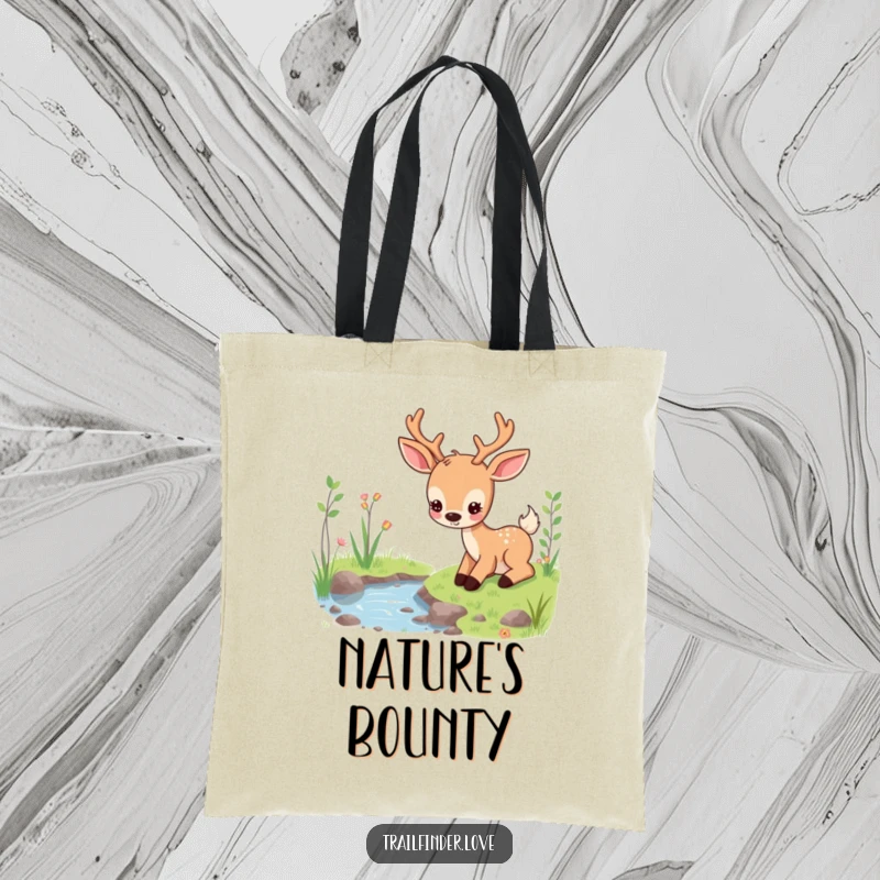 Funny tote bag featuring a content deer character grazing peacefully near a stream, showcasing natural beauty and calm, great funny gift.